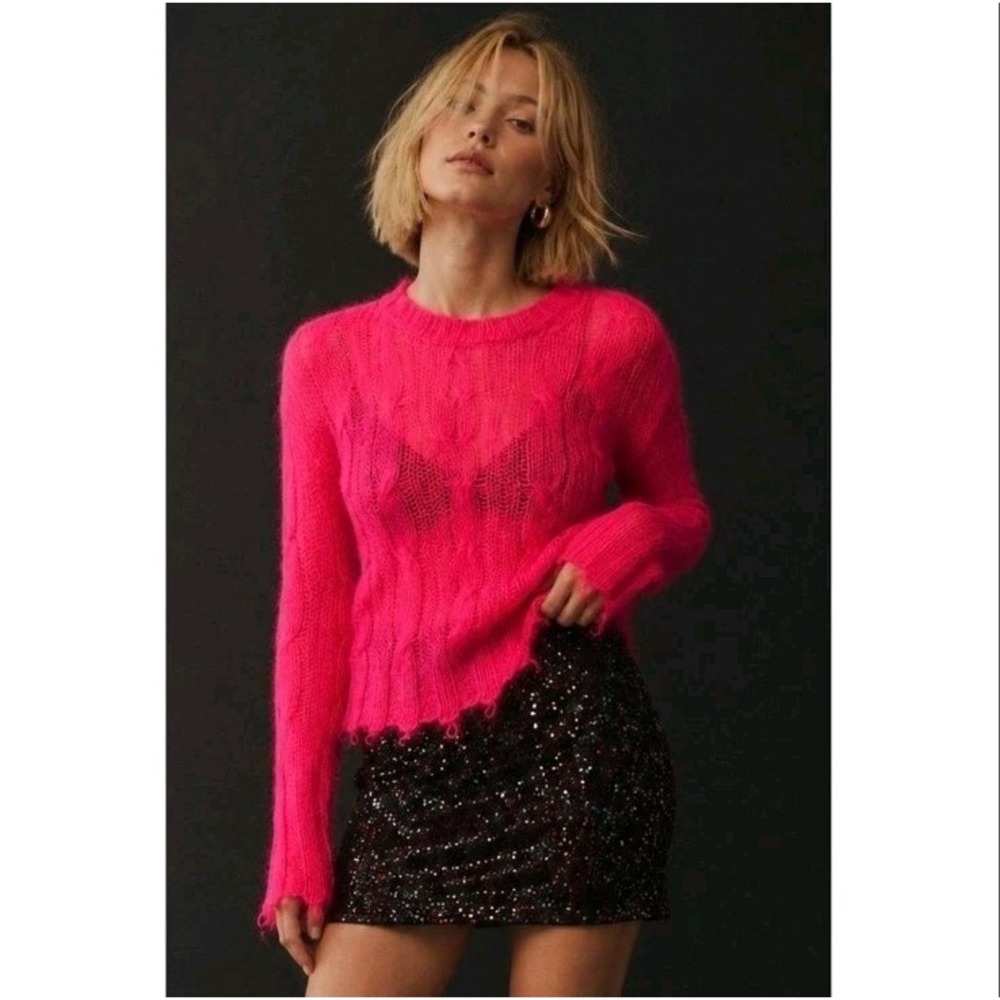 Anthropologie The Posey Stitchy Sheer Crochet Open Knit Wool Sweater Pink XS